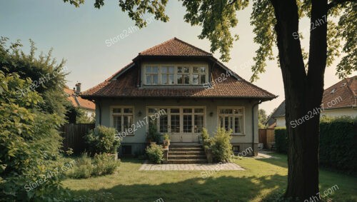 German cottage-style home with lush garden and shaded patio