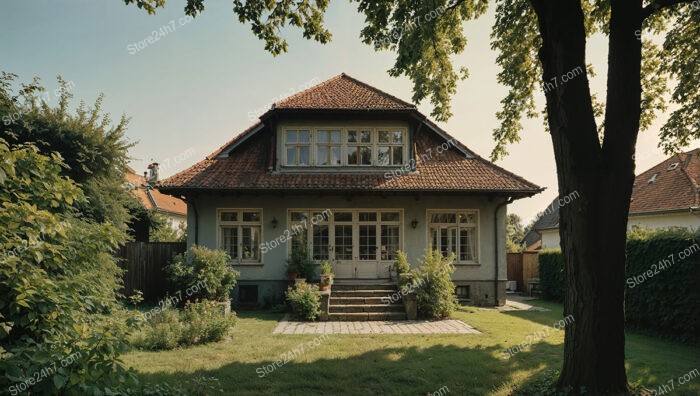 German cottage-style home with lush garden and shaded patio