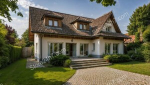 German home with cobblestone path and inviting front porch