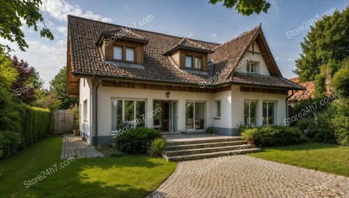 German home with cobblestone path and inviting front porch