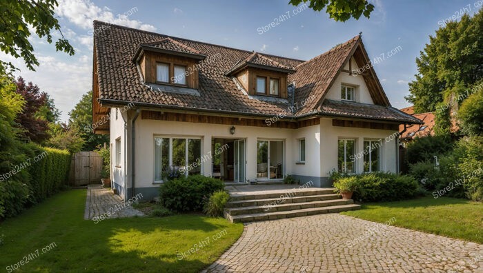 German home with cobblestone path and inviting front porch