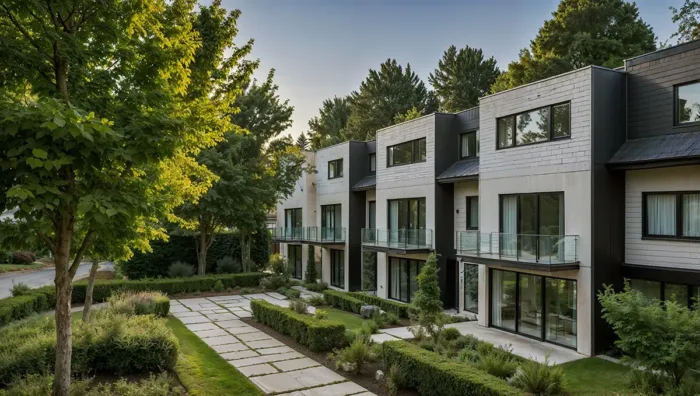 German Townhouses with Modern Balconies and Lush Green Surroundings