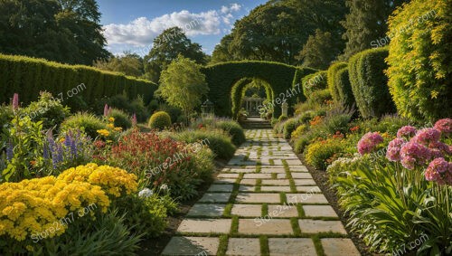 Grand English Garden Pathway Framed by Vibrant Blossoms