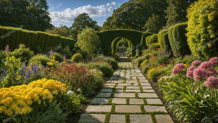 Grand English Garden Pathway Framed by Vibrant Blossoms