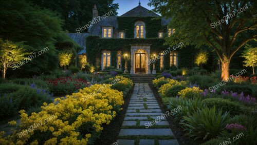 Grand Estate Entrance with Illuminated Path and Vibrant Garden