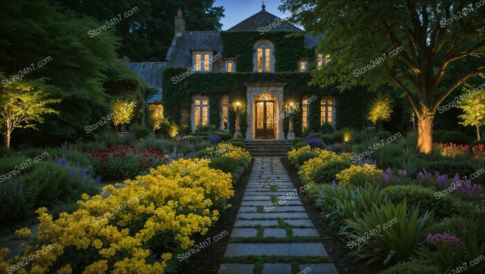 Grand Estate Entrance with Illuminated Path and Vibrant Garden