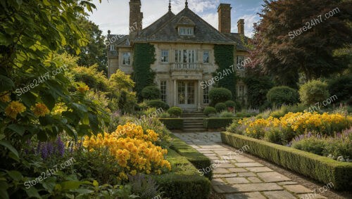 Grand Estate Garden with Elegant Stone Pathway and Blossoms