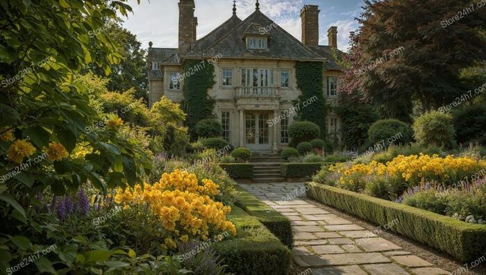 Grand Estate Garden with Elegant Stone Pathway and Blossoms