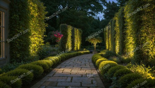 Illuminated Garden Pathway with Tall Green Hedges and Flowers