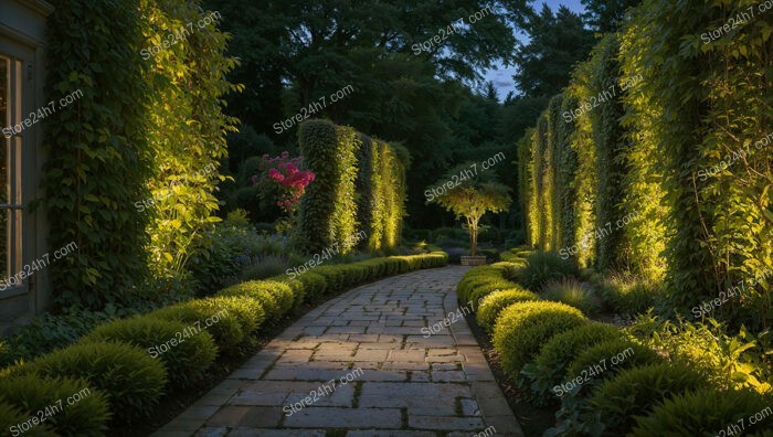 Illuminated Garden Pathway with Tall Green Hedges and Flowers