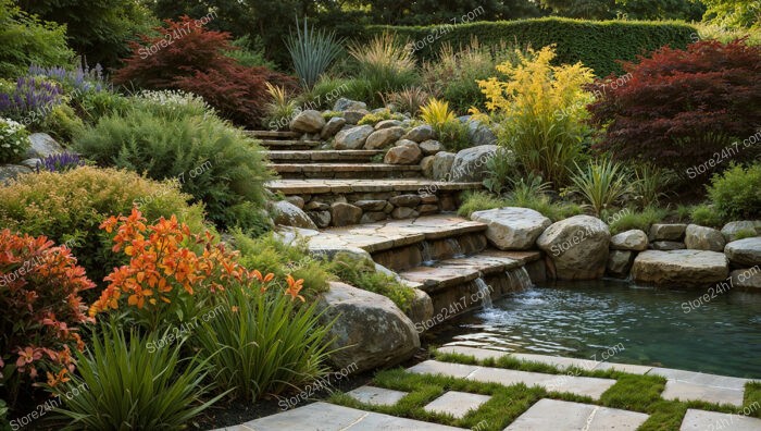 Layered Garden with Cascading Waterfalls and Lush Vegetation