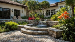 Lush Garden Courtyard with Cascading Waterfall and Stone Terrace