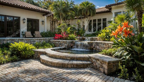 Lush Garden Courtyard with Cascading Waterfall and Stone Terrace