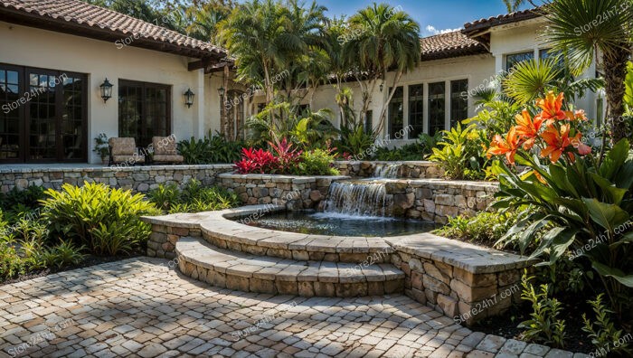 Lush Garden Courtyard with Cascading Waterfall and Stone Terrace