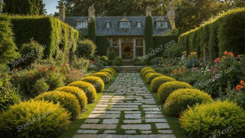 Lush Garden Path Leading to a Grand Manor House