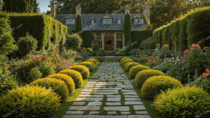 Lush Garden Path Leading to a Grand Manor House