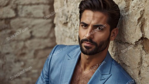 Man in Light Blue Suit Against Textured Stone Wall