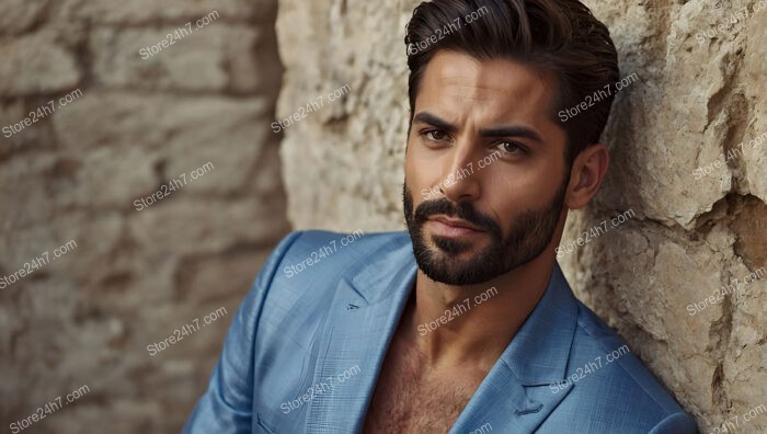 Man in Light Blue Suit Against Textured Stone Wall