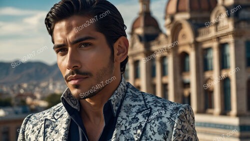 Man in White Floral Suit with Cityscape Backdrop