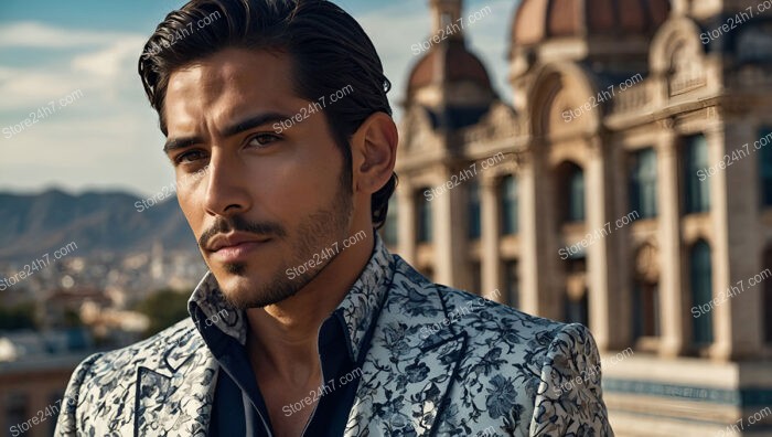 Man in White Floral Suit with Cityscape Backdrop