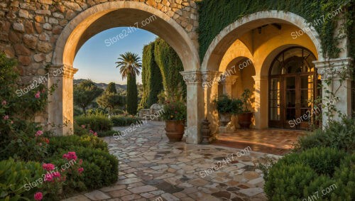 Mediterranean Courtyard Garden with Stone Arches and Palms