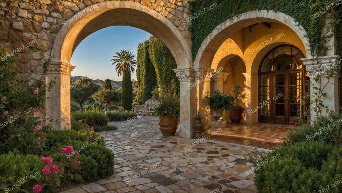 Mediterranean Courtyard Garden with Stone Arches and Palms