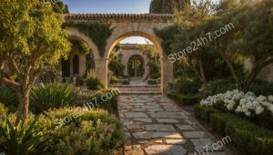 Mediterranean Courtyard Garden with Stone Arches and Pathway