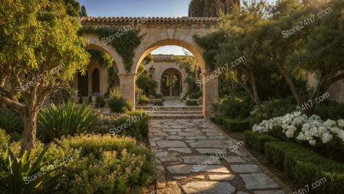 Mediterranean Courtyard Garden with Stone Arches and Pathway