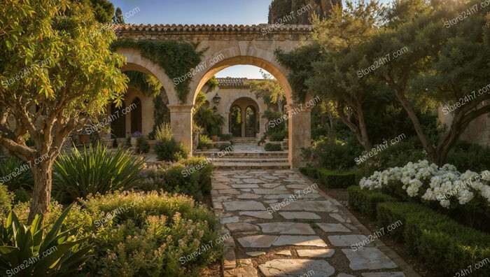 Mediterranean Courtyard Garden with Stone Arches and Pathway