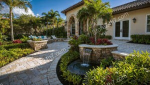 Mediterranean Courtyard with Palm Trees and Water Feature
