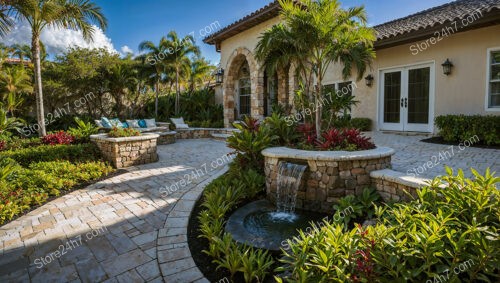 Mediterranean Courtyard with Palm Trees and Water Feature