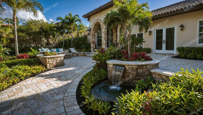 Mediterranean Courtyard with Palm Trees and Water Feature