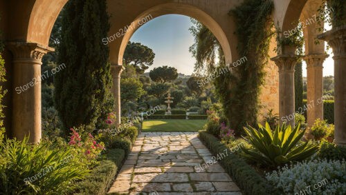 Mediterranean Garden Courtyard Framed by Majestic Stone Arches