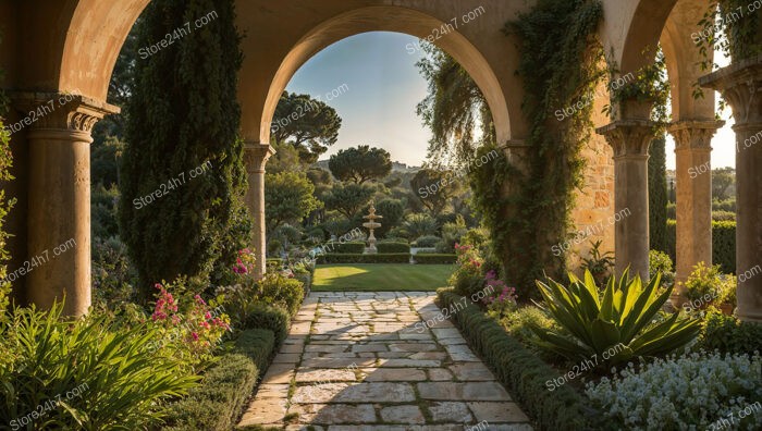 Mediterranean Garden Courtyard Framed by Majestic Stone Arches