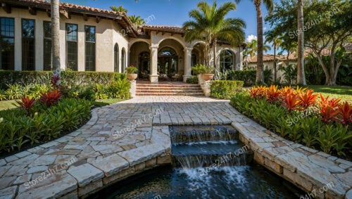 Mediterranean Luxury Home Garden with Water Feature and Palms