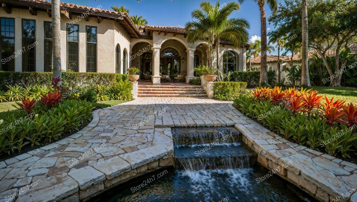 Mediterranean Luxury Home Garden with Water Feature and Palms