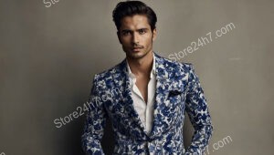 Model in Blue and White Floral Jacket Against Neutral Wall