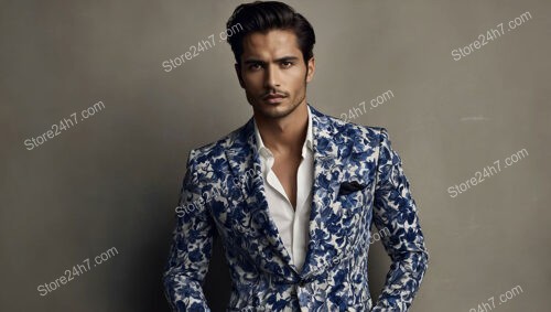 Model in Blue and White Floral Jacket Against Neutral Wall