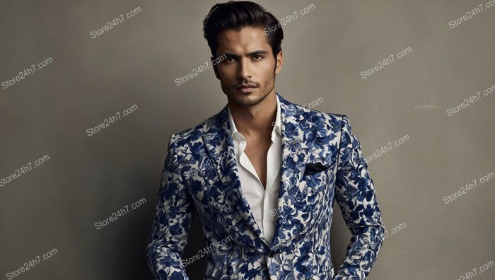 Model in Blue and White Floral Jacket Against Neutral Wall