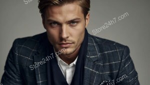 Model in Dark Plaid Suit with Intense Gaze