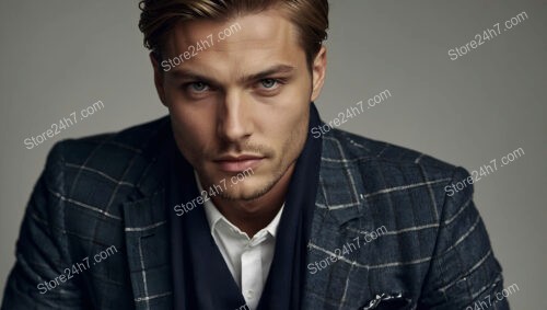 Model in Dark Plaid Suit with Intense Gaze