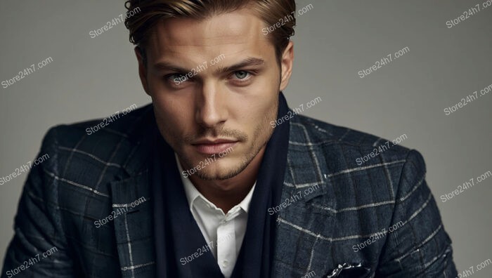 Model in Dark Plaid Suit with Intense Gaze