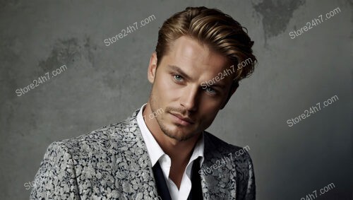 Model in Silver Floral Suit with Soft Expression