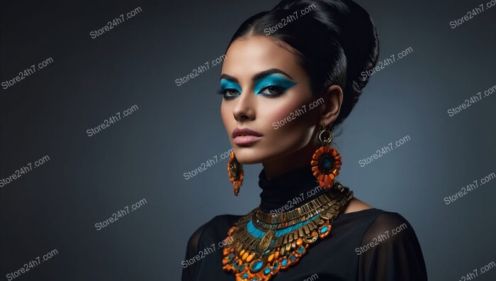 Modern Cleopatra: Bold Blue Eye Makeup and Statement Jewelry