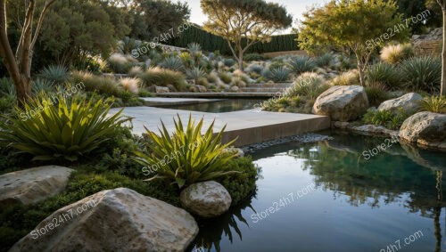 Modern Desert Garden with Reflective Pond and Boulders