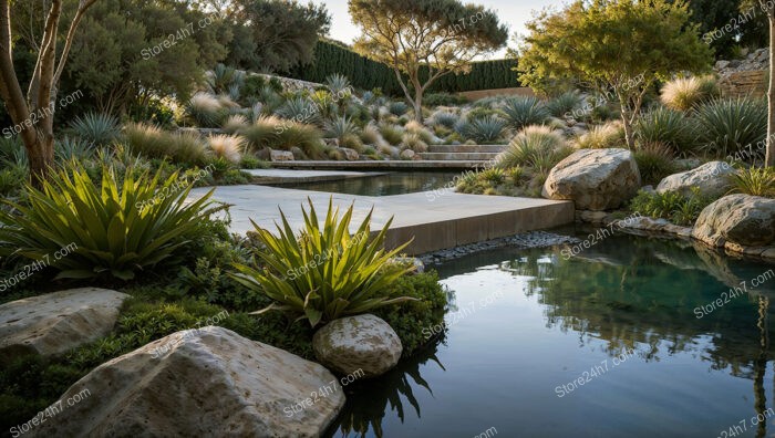 Modern Desert Garden with Reflective Pond and Boulders