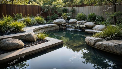 Modern Garden Oasis with Tranquil Water Features and Boulders