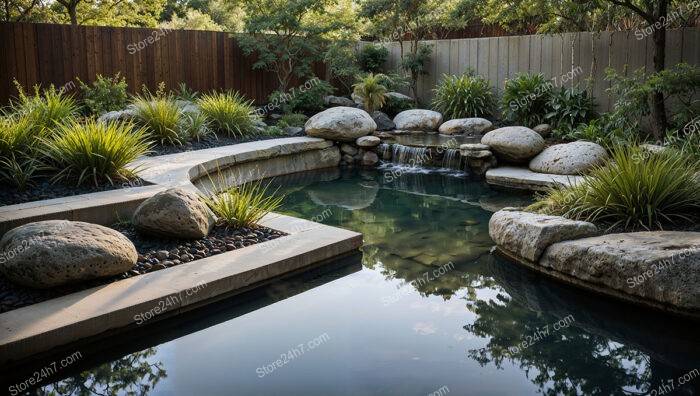 Modern Garden Oasis with Tranquil Water Features and Boulders