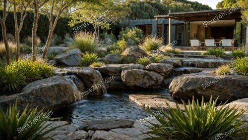 Modern Outdoor Oasis with Cascading Rock Waterfalls and Greenery