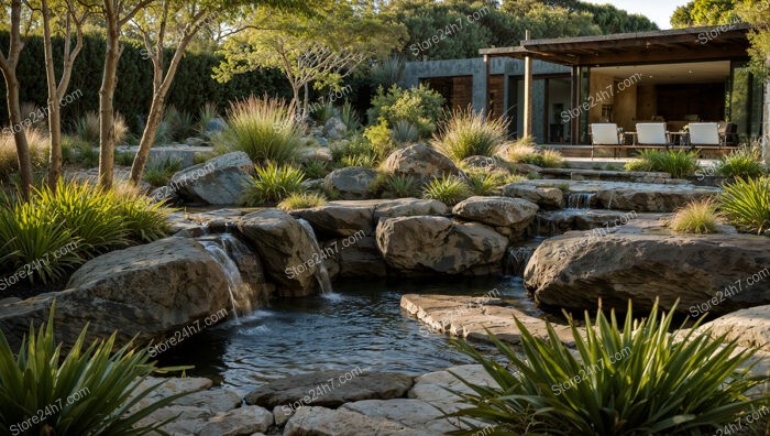 Modern Outdoor Oasis with Cascading Rock Waterfalls and Greenery